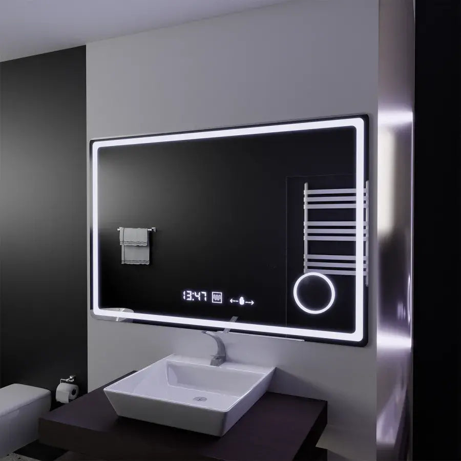 Mirror LED rectangular 120x80cm Souverain Motionglow Marcello Dismantic Clock System & Dimable Cosmetic Terometer