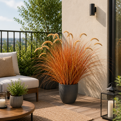 Artificial Foxtail Grass Ornamental Plant, 100cm, Curved Grass with Spices, Yellow and Orange, No Pot