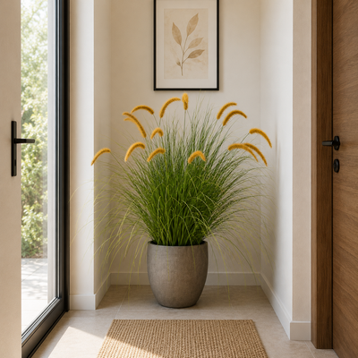 Foxtail Artificial Grass Ornamental Plant, 100cm, Curved Grass with Spices, Green and Yellow, No Pot