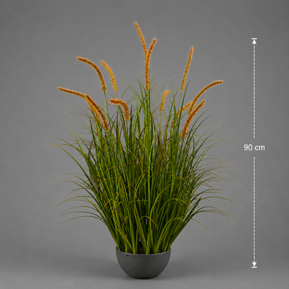 Artificial Cattail Grass Ornamental Plant, 90cm, 13 Stems, Curved Grass and Spices, Dark Green, Potless