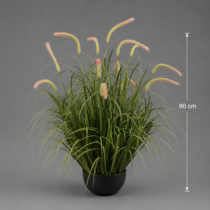 Artificial Cattail Grass Ornamental Plant, 90cm, 13 Stems, Curved Grass and Spices, Green, Potless