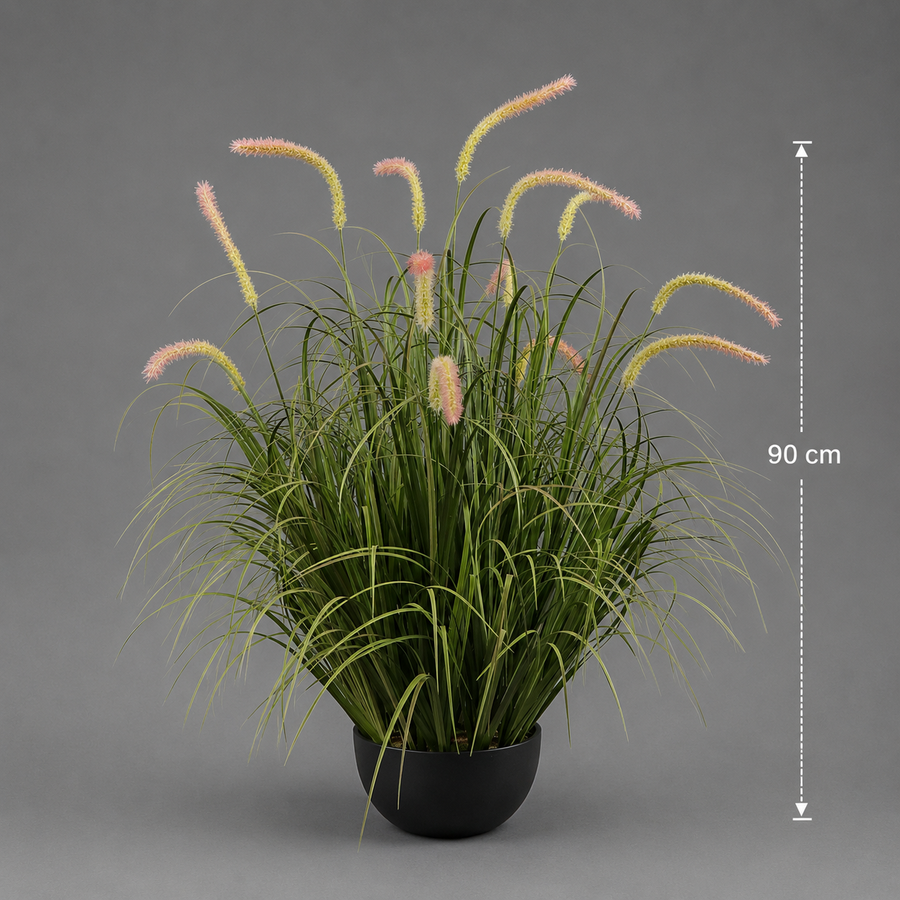 Artificial Cattail Grass Ornamental Plant, 90cm, 13 Stems, Curved Grass and Spices, Green, Potless