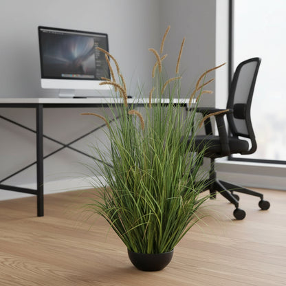 Artificial Cattail Grass Ornamental Plant, 120cm, 17 Stems, Curved Grass and Spices, Deep Green, Potless