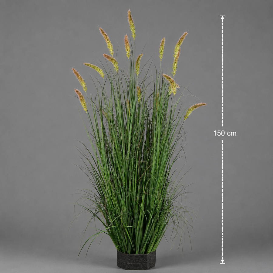 Artificial Cattail Grass Ornamental Plant, 150cm, 17 Stems, Curved Grass and Ears, Green, No Pot