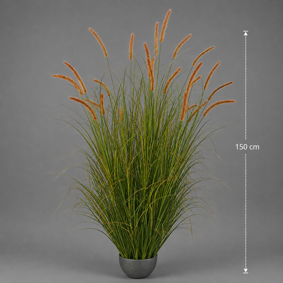 Artificial Cattail Grass Ornamental Plant, 150cm, 26 Stems, Curved Grass and Spices, Dark Green, Potless