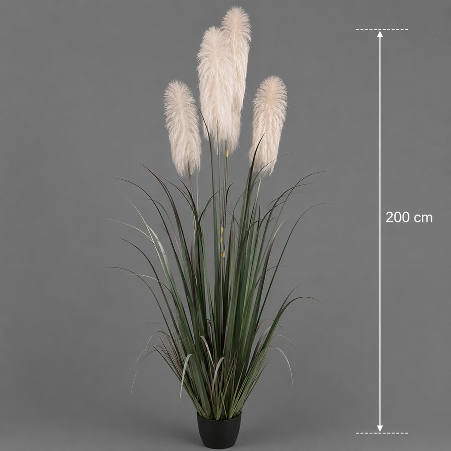Artificial Plant Ornamental Grass, 200 cm, with 4 strands, Reed and Grass, Green and Gray, No Pot