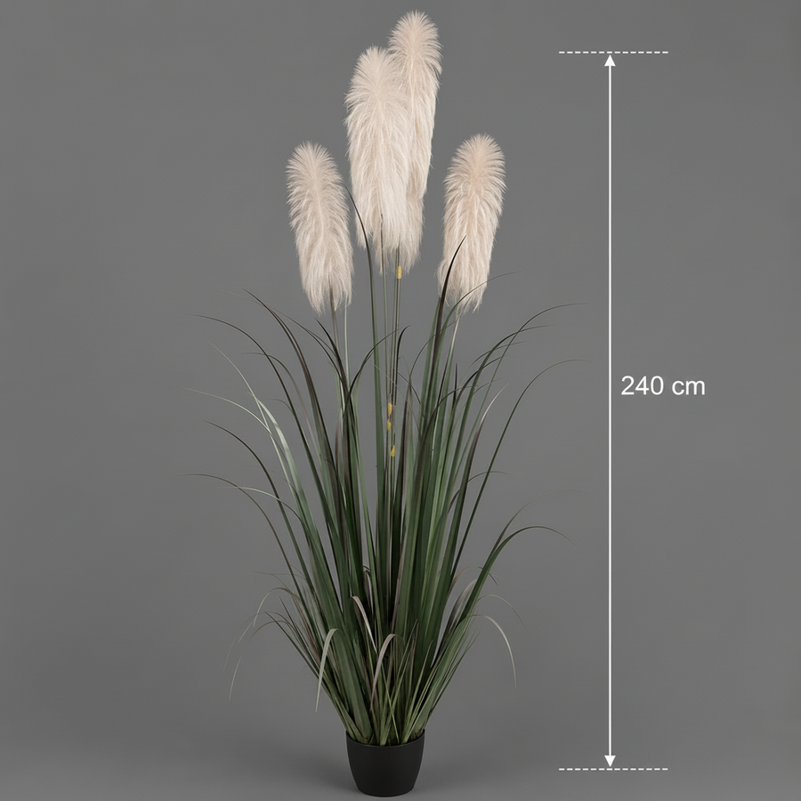 Artificial Plant Ornamental Grass, 240cm, with 5 strands, Reed and Grass, Green and Grey, No Pot