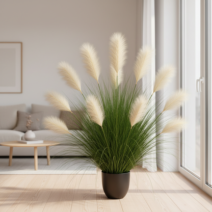 Artificial Ornamental Grass Plant, 137 cm, 11 Stems, Reed and Grass, Light Green and White, No Pot