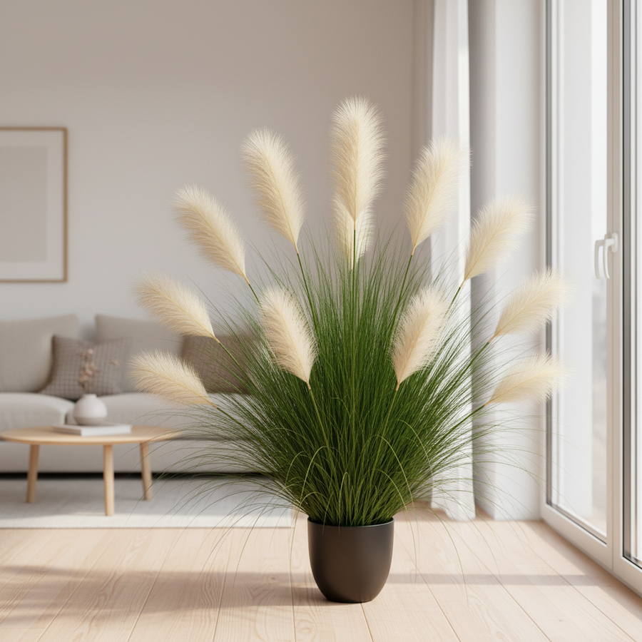 Artificial Ornamental Grass Plant, 137 cm, 11 Stems, Reed and Grass, Light Green and White, No Pot