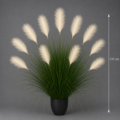 Artificial Ornamental Grass Plant, 137 cm, 11 Stems, Reed and Grass, Light Green and White, No Pot