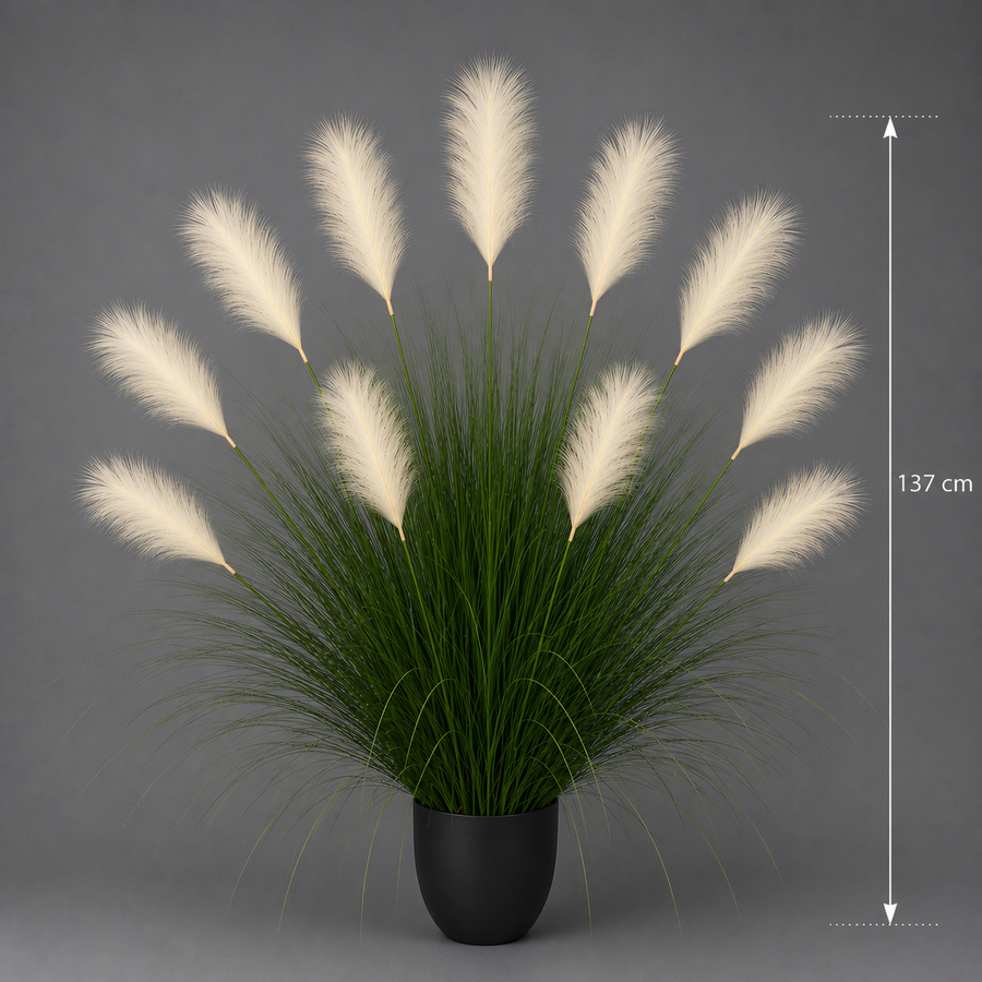 Artificial Ornamental Grass Plant, 137 cm, 11 Stems, Reed and Grass, Light Green and White, No Pot