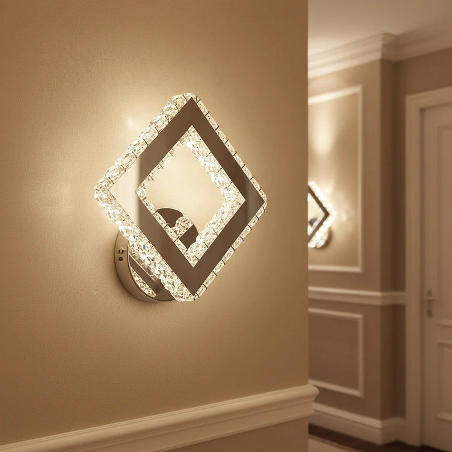 TERRANO LED Wall Lamp with Crystals, Square, 24W, Cold/Warm/Neutral Light, Black &amp; Stainless Steel