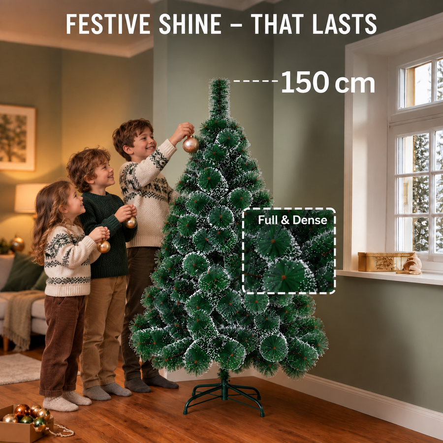 MANIITSOQ Artificial Fir Tree, 150 cm, 130 Tips, Metal Stand, Green Needles with White Tips