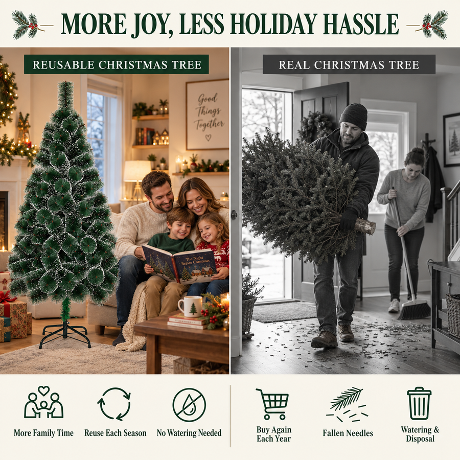 MANIITSOQ Artificial Fir Tree, 150 cm, 130 Tips, Metal Stand, Green Needles with White Tips