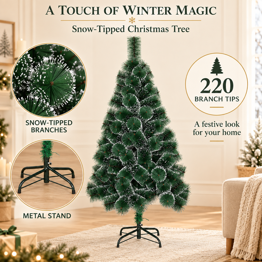 MANIITSOQ Artificial Fir Tree, 180 cm, 220 Tips, Metal Stand, Green Needles with White Tips