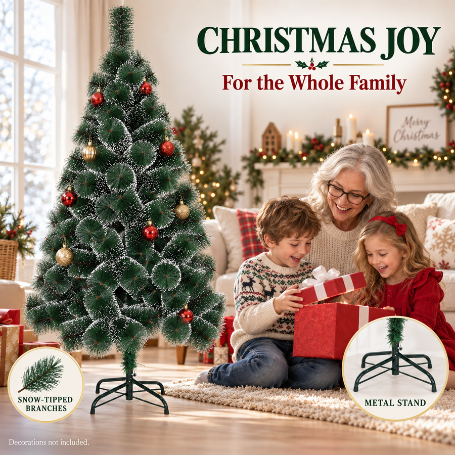 MANIITSOQ Artificial Fir Tree, 180 cm, 220 Tips, Metal Stand, Green Needles with White Tips