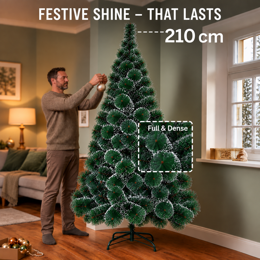 MONTIA Artificial Fir Tree, 210 cm, 280 Tips, Metal Stand, Green Needles with White Tips