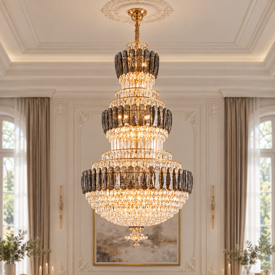 VELIOR Regalis Crystal Chandelier 29xE14, D80 cm, Gold, Adjustable Height, Metal and Crystal