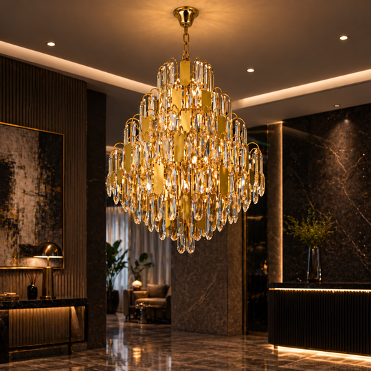 Crystal Chandelier TIER Nobile 8xE14, D40 cm, Gold, Adjustable Height, Metal and Crystal