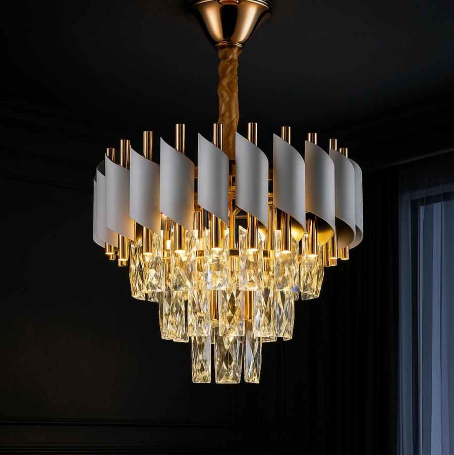 VERSAILLES Petito Crystal Chandelier 3xE14, Diameter 30cm, Shiny Gold and White, Adjustable Height