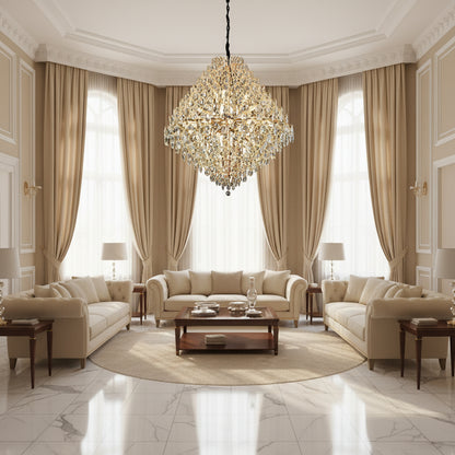 KONIG Grande Crystal Chandelier, 32xE14, D120 cm, Gold, Adjustable Height, Metal and Crystal