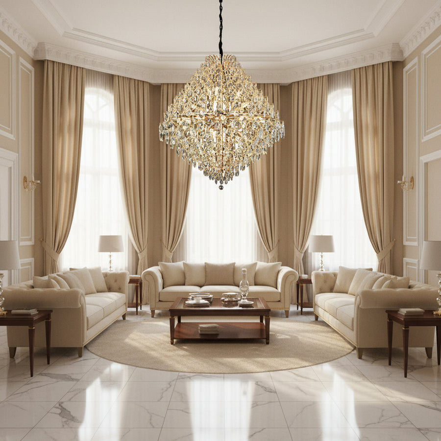 KONIG Grande Crystal Chandelier, 32xE14, D120 cm, Gold, Adjustable Height, Metal and Crystal
