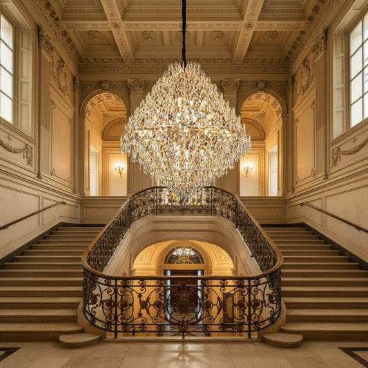 Candelabru Cristal KONIG Grande, 32xE14, D120 cm, Auriu, Inaltime Reglabila, Metal si Cristal