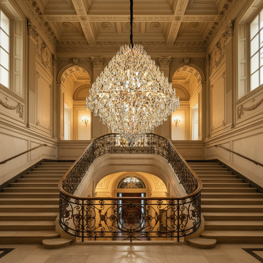 KONIG Grande Crystal Chandelier, 32xE14, D120 cm, Gold, Adjustable Height, Metal and Crystal