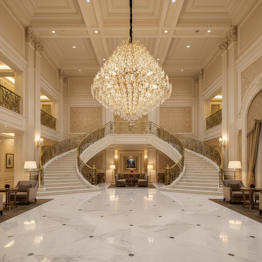 KONIG Grande Crystal Chandelier, 32xE14, D120 cm, Gold, Adjustable Height, Metal and Crystal