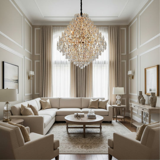 KONIG Regalis Crystal Chandelier, 15xE14, D80 cm, Gold, Adjustable Height, Metal and Crystal