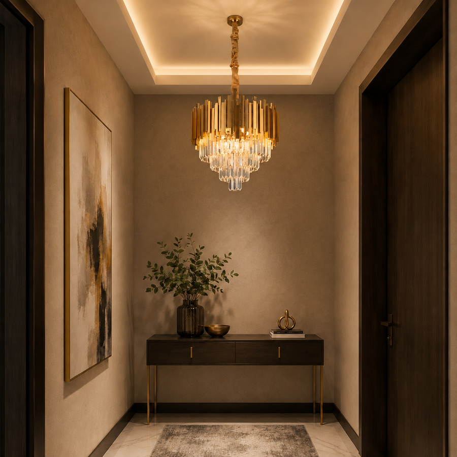 BLOIS Petito Chandelier, Diameter 30cm, 3x E14 Shiny Gold, Adjustable Height