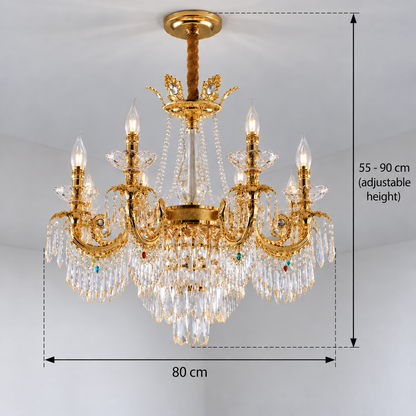 Crystal Chandelier 11xE14, D80cm, Shiny Gold, Adjustable Height, Metal and Crystal