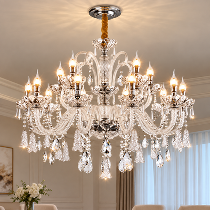 Crystal Chandelier 15xE14, D95cm, Silver, Adjustable Height, Metal and Crystal