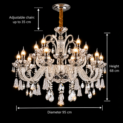 Crystal Chandelier 15xE14, D95cm, Silver, Adjustable Height, Metal and Crystal
