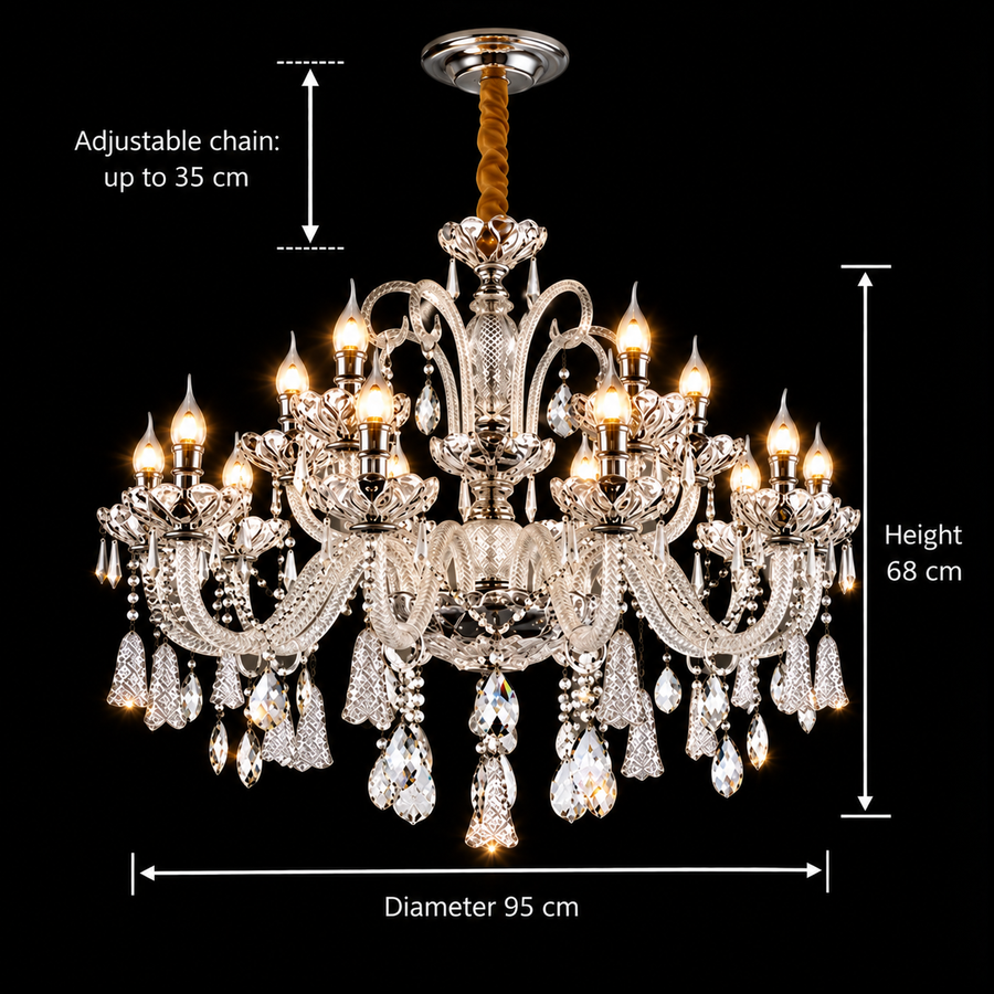 Crystal Chandelier 15xE14, D95cm, Silver, Adjustable Height, Metal and Crystal