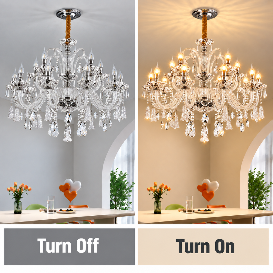 Crystal Chandelier 15xE14, D95cm, Silver, Adjustable Height, Metal and Crystal