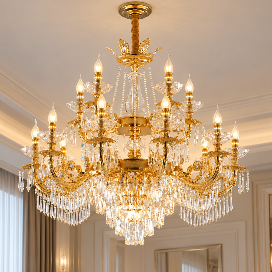 Crystal Chandelier 19xE14, D95cm, Shiny Gold, Adjustable Height, Metal and Crystal