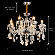 Crystal Chandelier 6xE14, D68cm, Silver, Adjustable Height, Metal and Crystal
