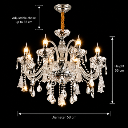 Crystal Chandelier 6xE14, D68cm, Silver, Adjustable Height, Metal and Crystal