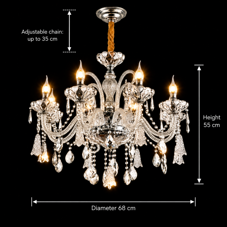 Crystal Chandelier 6xE14, D68cm, Silver, Adjustable Height, Metal and Crystal