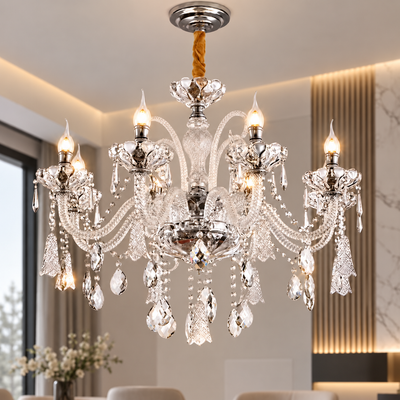 Crystal Chandelier 8xE14, D78cm, Silver, Adjustable Height, Metal and Crystal