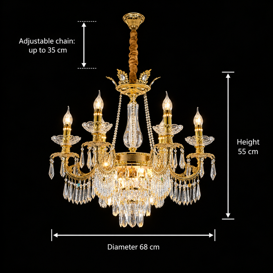 Crystal Chandelier 9xE14, D68cm, Shiny Gold, Adjustable Height, Metal and Crystal