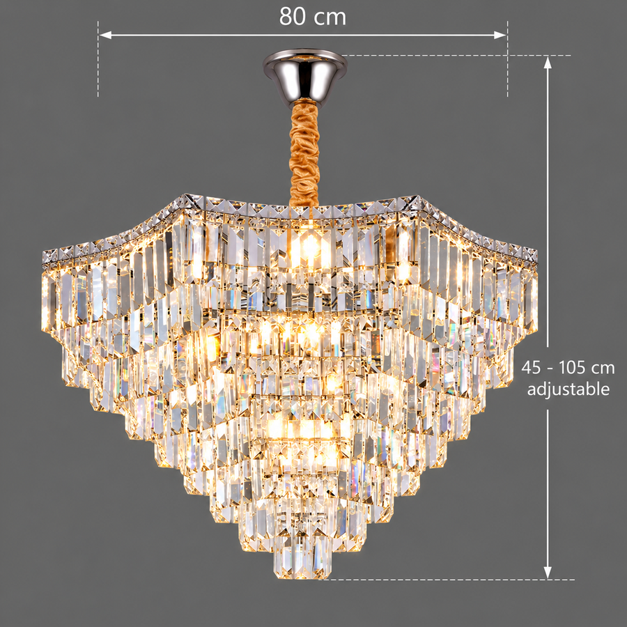 ADAMA Regalis Crystal Chandelier, 14x E14, Diameter 80cm, Shiny Chrome, Adjustable Height