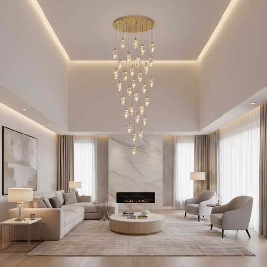 AROHA LED Crystal Chandelier with Remote Control, Suspended, 30 Sources, 90W, Warm/Neutral/Cold Light, Diameter 60cm, Adjustable Height, Gold, Metal and Crystal