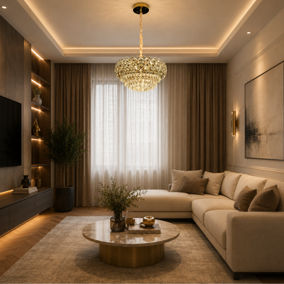Crystal Chandelier BANO Eleganza, 60W, 7xE14, Adjustable Height, Metal and Crystal, Gold