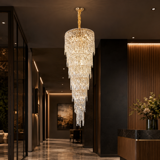 Candelabru Cristal COLLOSEUM, 100xE14, Diametru 100cm, Inaltime Reglabila, Metal si Cristal, Auriu