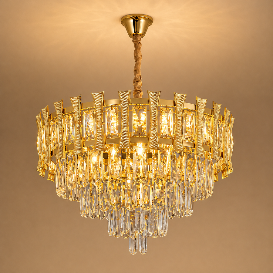 Crystal Chandelier HAMPTON Elegance 8x E14, Diameter 49cm, Shiny Gold, Adjustable Height