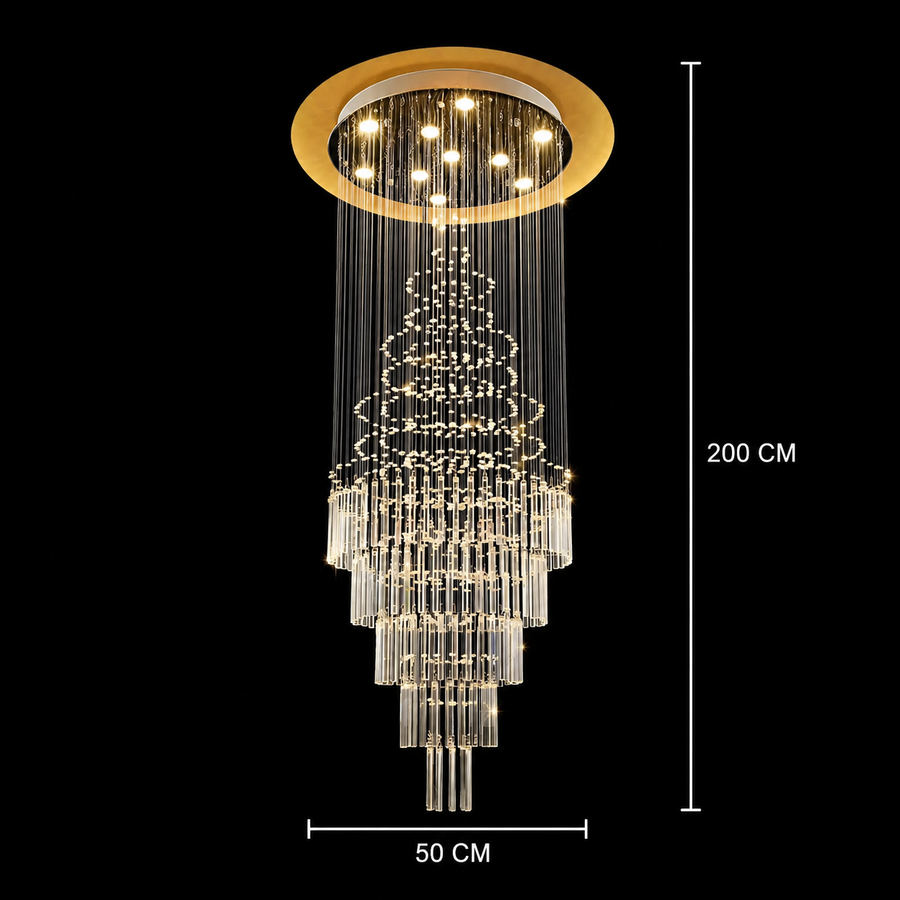 LED Crystal Chandelier 80W AUGUSTA Gold, Diameter 50cm, Height 200cm, Ladder Model