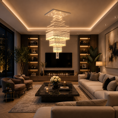 LED Crystal Chandelier 80W FLORENTIA Gold, Diameter 50cm, Height 200cm, Ladder Model