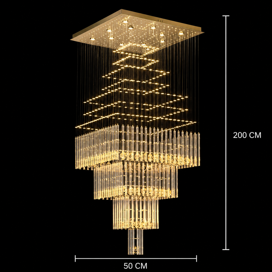 LED Crystal Chandelier 80W FLORENTIA Gold, Diameter 50cm, Height 200cm, Ladder Model